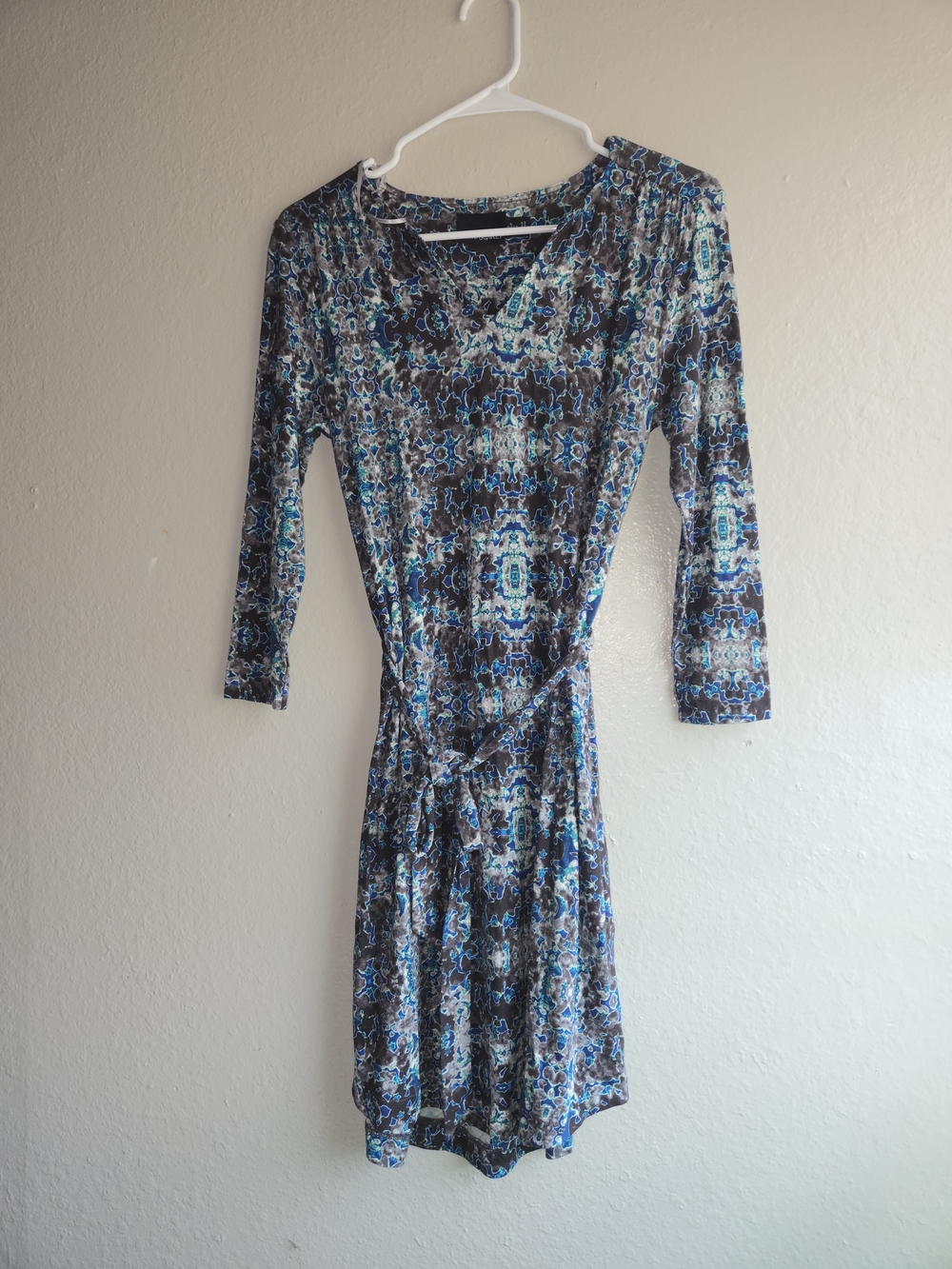 Cynthia Rowley Dress Womens Small Blue Abstract Tie Waist 3/4 Sleeve Knee Length
